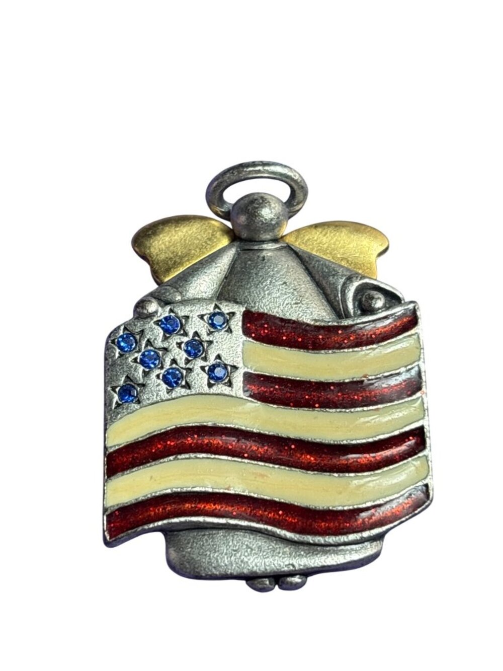 Vtg AJMC Angel Brooch American Flag Patriotic Enamel Silvertone Goldtone